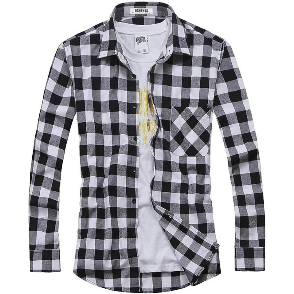 OCHENTA Men's & Boys' Long Sleeve Button Down Plaid Flannel Shirt Size 3XL